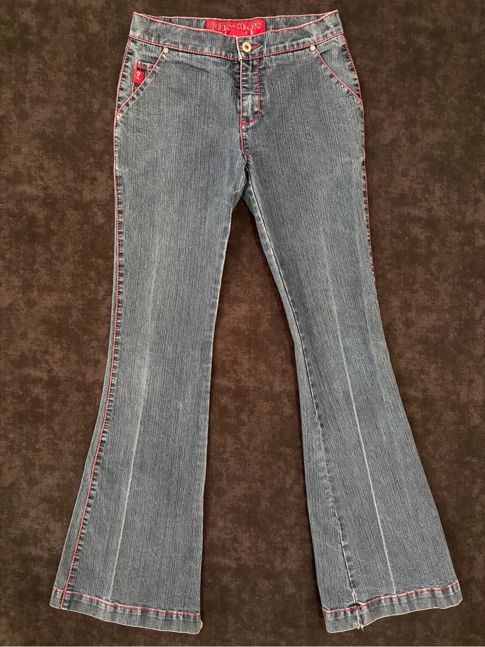 Vintage GUESS USA Women’s 26 Low Rise Slim Flared Jeans Red Stitch